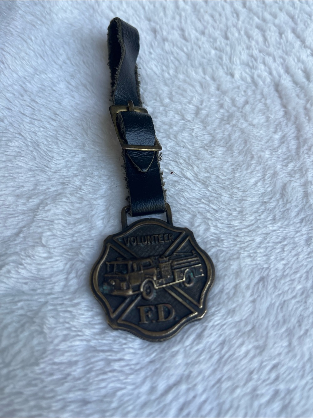 Vintage Volunteer FD Firefighter Keychain Tag - Black Strapped